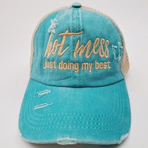 Hot Mess Women's Embroidered Pony Tail Criss Cross Hat Cap Teal Cotton
